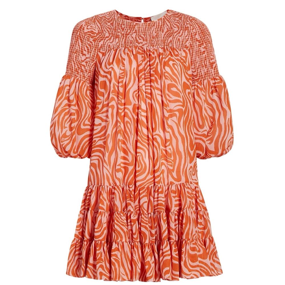 Cinq a Sept Billowed Sleeve Rika Dress Size 6 Orange Pink Smocked Boatneck NWT - Picture 1 of 14